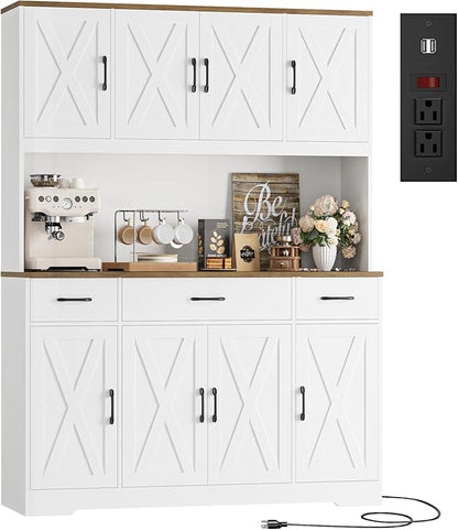 HOSTACK 71" Tall Pantry Cabinet with Charging Station, 55" Wide Kitchen Pantry Storage Cabinet with Countertop, Large Kitchen Hutch with Storage Drawers and Doors for Dining Room, Living Room, White