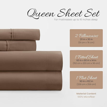 Linen Market Brushed Microfiber Queen Sheet Set 4 Piece – Oeko-TEX Certified Ultra Soft & Wrinkle-Free - 16" Deep Pocket Sheets - Easy Care Queen Size - Taupe