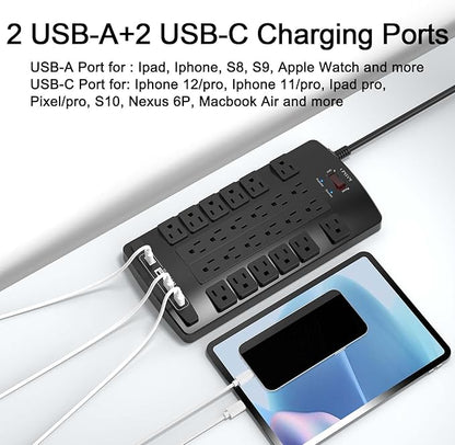 QINLIANF Surge Protector Power Strip - 10Ft Flat Plug Heavy Duty Extension Cord with 24 Outlets and 4 USB Ports(2 USB-C Ports), 1875W/15A, 4100J, for Home, Office, Dorm, ETL Listed, Black