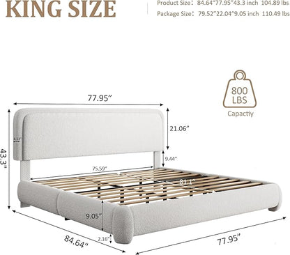 King Size Boucle Bed Frame, Upholstered Cloud Platform Bed Frame with Headboard, Anti-Collision Soft Rounded Corners, No Box Spring Required, Easy Assembly, Noise Free, Adjustable Headboard