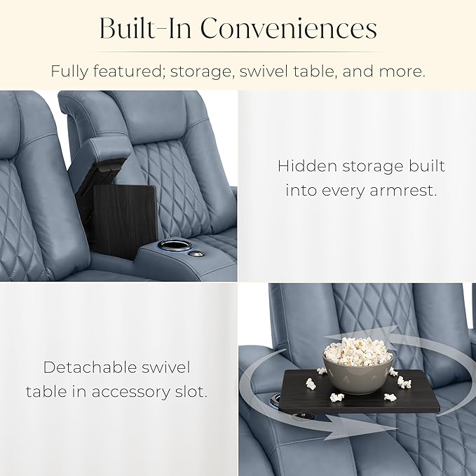 Seatcraft Diamante Zero-Gravity CoolZero Italian Leather Home Theater Seating, Power Headrest, Power Recline, Row of 5 Middle Sofa, Smokey Blue
