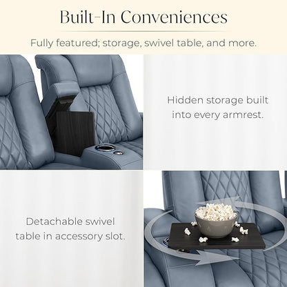 Seatcraft Diamante Zero-Gravity CoolZero Italian Leather Home Theater Seating, Power Headrest, Power Recline, Row of 5 Left Loveseat, Smokey Blue