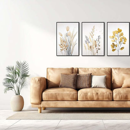 YCJKJDZ Framed Beige Botanical Canvas Wall Art Set of 3, Boho Watercolor Wildflower Pampas Grass Poster Neutral Leaf Art Fall Nature plant Prints for Living Room, Bedroom, Office, – 16x24 in