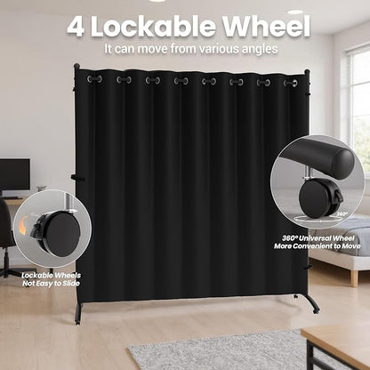 Room Divider, Curtain Privacy Screen with 360°Lockable Wheels 6FT Portable Room Divider Panel Freestanding Partition Divider Screen for Separator Wall Divider Bedroom Office (Black)