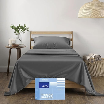 THREAD SPREAD 100% Cotton Sheets Twin Size - 400 Thread Count Cotton Bed Sheets Twin, 3 PC Set (Dark Grey), Luxury Soft, Breathable, Cooling, Sateen Weave 16" Deep Pocket Bedsheet for Dorm Rooms