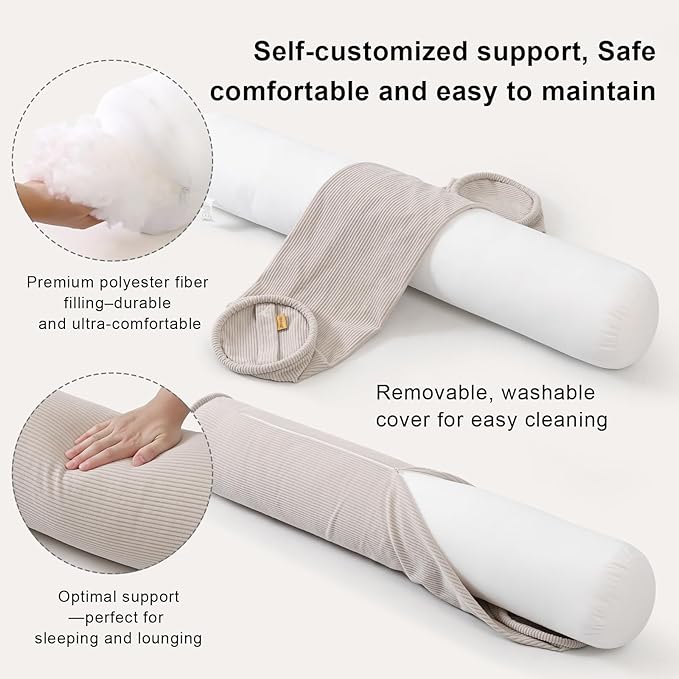 Long Bolster Pillow for Bed – Soft Corduroy Body Pillow for Adults, Ergonomic Full-Length Support for Better Sleep,47 x 7.87 Inches,Beige Gray