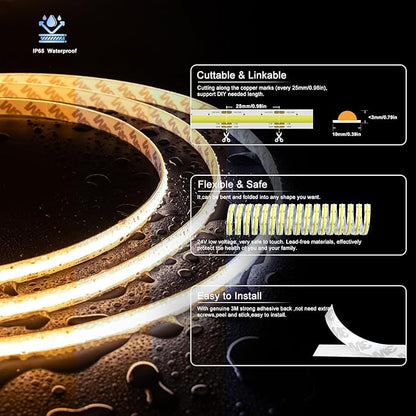 PAUTIX COB LED Strip Light CCT Tunable White IP65 Waterproof,CRI90+ 24ft/7.5m 2700K-6500K Dimmable 24V LED Tape Light,for Under Cabinet Bedroom Kitchen DIY Lighting(Adapter&Controller NOT Included)