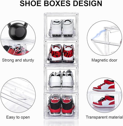 6 Pack Acrylic Shoe Boxes, Ultra Clear Shoe Boxes Stackable, Shoe Storage Box Sneaker Storage for Sneakerhead, Foldable Shoe Organizer with Magnetic Door, Professional Shoe Display Fits US Size 15