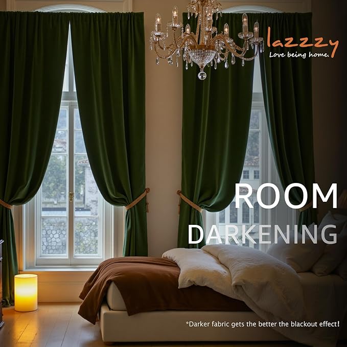 Lazzzy Velvet Blackout Curtains Thermal Insulated Curtains Room Window Drapes Super Soft Luxury Curtains for Living Room Bedroom Rod Pocket 2 Panels, 96 Inch Lined | Moss