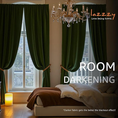 Lazzzy Velvet Blackout Curtains Thermal Insulated Curtains Room Window Drapes Super Soft Luxury Curtains for Living Room Bedroom Rod Pocket 2 Panels, 96 Inch Lined | Moss
