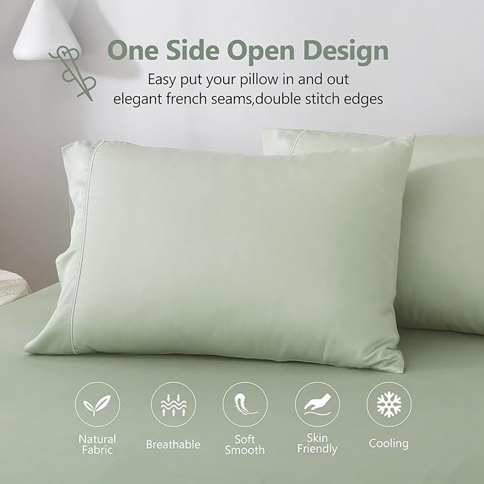 Linen World Cooling Bed Sheets Set Queen Size,100% Organically Grown Viscose Sheets,Deep Pocket Up to 16",4 Pieces Silky Soft,Breathable Bedding Sheets & Pillowcases(Sage Green,Queen)