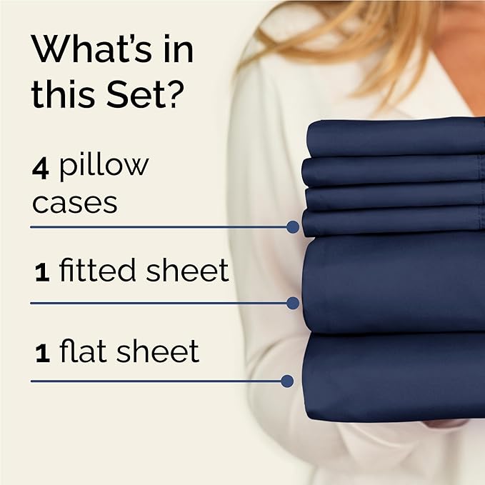 Full 6 Piece Sheet Set - Cooling, Comfy & Breathable - Hotel Luxury Bedding, Includes Fitted Sheet for Women, Men, Kids & Teens - 1 Flat, 1 Fitted Sheet, 4 Pillowcases with Deep Pockets - Navy Blue