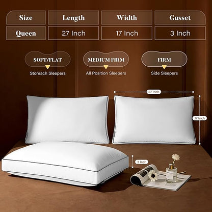 Firm Goose Feather Down Pillow Queen Size Set of 2, Down Surrounded Hotel Collection Bed Pillows for Sleeping with 3 Inch Gusset, 2 Pack, Fluffy Plush for Side Sleepers 20x30 in.