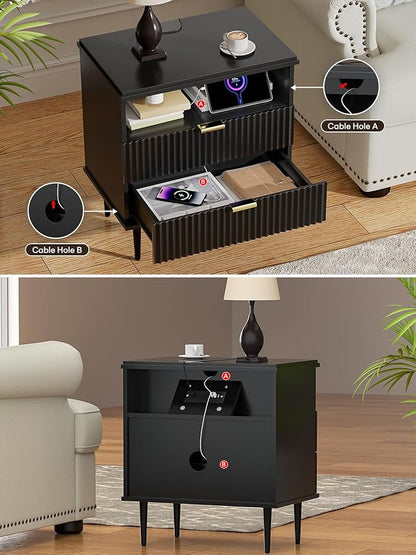 Nightstand with Charging Station, Wide Fluted Nightstand, Wood for Bedroom, Black Dresser with Storage Drawers, Bedside Table with Metal Handle & Leg (Black Set of 2, 23.3)
