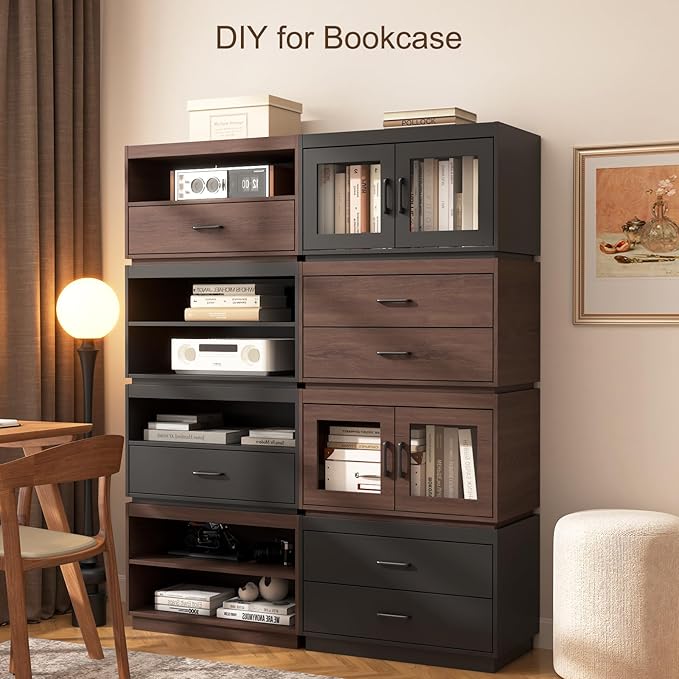 Stackable Storage Drawers, 28" Wide Storage Bins with 2 Doors for Closet Organizers, Wood Stackable Closet Organizer Modern Large Stackable Storage Units for Living Room Hallway Bedroom, Brown