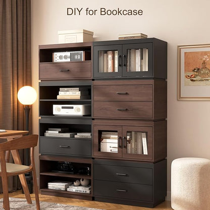 Stackable Storage Drawers,28" Wide Storage Bins w/ Drawers and Compartment for Closet Organizers, Wood Stackable Closet Organizer Modern Large Stackable Storage Units for Living Room Hallway, Black
