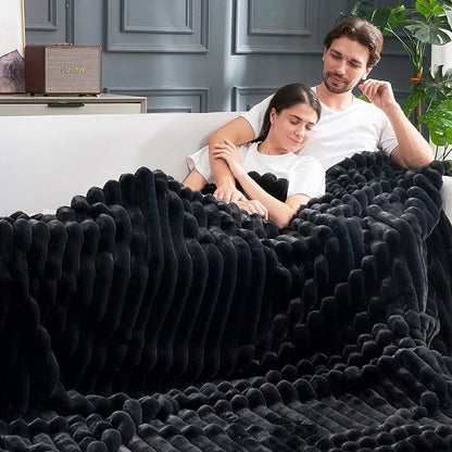Cozy Bliss Faux Fur Throw Blanket for Couch, Cozy Warm Plush Striped Blanket for Sofa Bedroom Living Room, 108 * 90 Inches Black