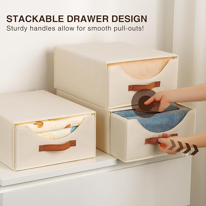 Large Closet Organizers and Storage - Stackable Storage Bins with Drawer, Fabric Containers for Organizing, Collapsible Organizer Bins for Bedroom, 6 Pack, Beige