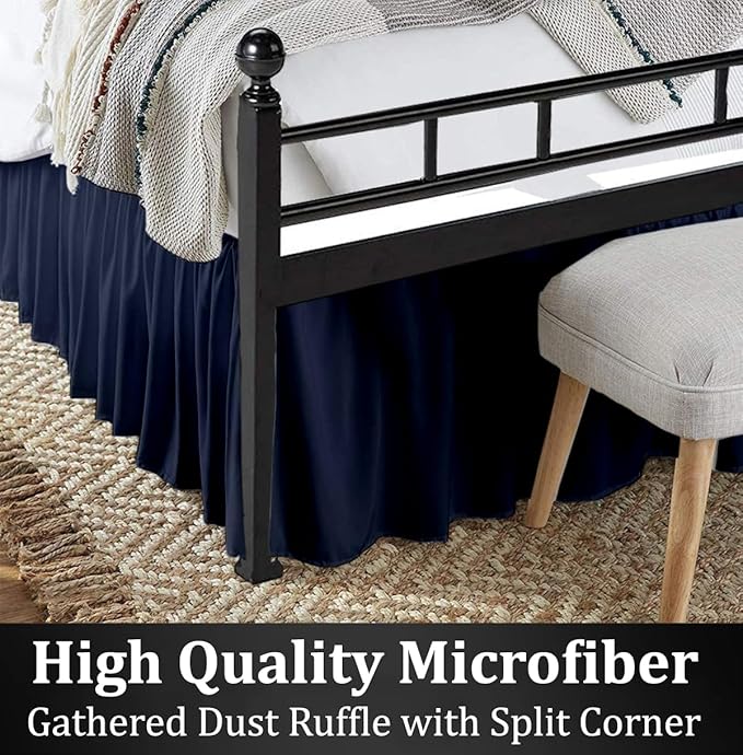 Ruffled Bed Skirt with Split Corners, Navy Blue, Full 18 Inch Drop Bedskirt, Hotel Quality Brushed Microfiber Wrinkle Free Dust Ruffle Bed Skirt Full Size