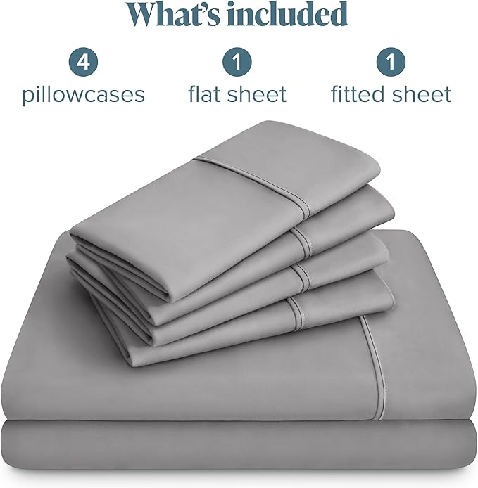 Bare Home Hotel Luxury Queen Sheet Set, Extra Soft - 6 Piece Set - Deep Pockets - Easy Fit - Cooling & Breathable - Wrinkle, Fade, Stain Resistant - Includes 4 Pillowcases (Queen, Light Grey)