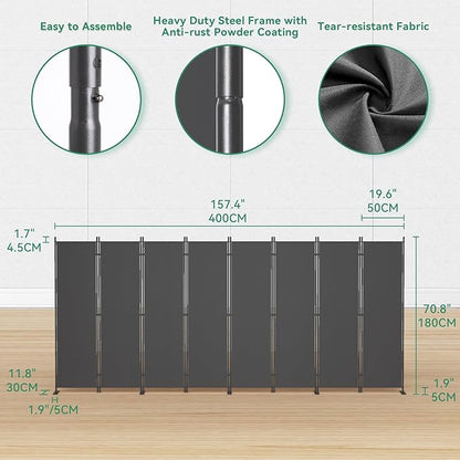 Helios&Hestia 8-Panel 6 ft Tall Indoor Folding Room Divider, Portable Privacy Screen, Freestanding Partition Separator, Temporary Wall Separation for Bedroom, Office, 160" W X 71" H, Dark Grey