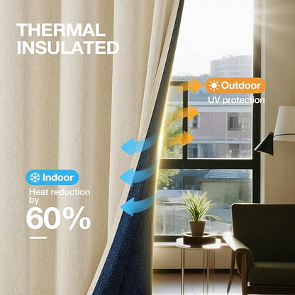 Blackout Grommet Linen Curtains for Living Room, Linen-Look Textured Full Light Blocking Room Darkening Thermal Insulated Drapes for Bedroom 2 Panels (W52xL92, Cream)