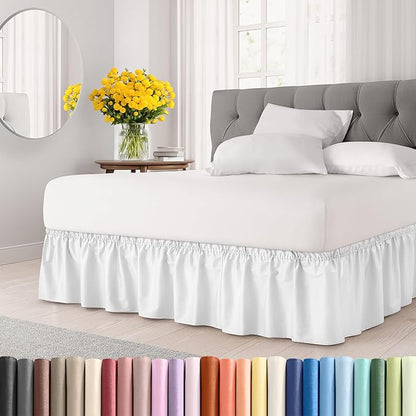 Wrap Around Dust Ruffle Bed Skirt - White - for Queen Size Beds w/ 14 Inch Drop - Easy Fit Elastic Strap - Adjustable Pleated Bedskirt w/Brushed Fabric, Wrinkle & Fade Free Women, Men, Kids & Teens