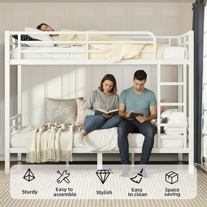 Twin XL Over Twin XL Bunk Bed Frame, Heavy Duty Metal Loft Bed for Adults/Teens, 350/500LB Capacity w/Ladder & Guardrail, Noise-Free Steel Slats, No Box Spring Required, White
