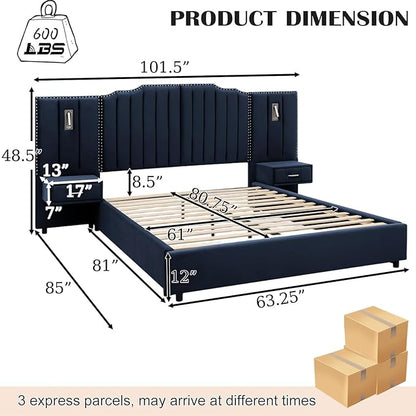 Luxury Queen Bed Frame with Headboard and Storage, Velvet Fabric Upholstered Platform Bed Frame Queen Size with LED Lights, Solid Frame & Bedside Table, No Box Spring Needed, Dark Blue