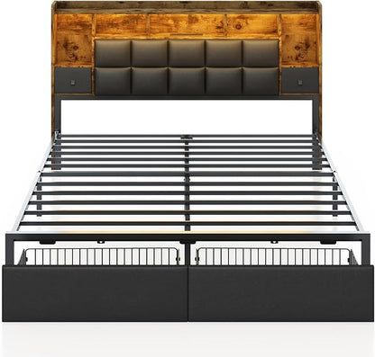 LED Bed Frame King Size with Bookshelf PU Leather Headboard, 2 Hidden Storage Drawers, Upholstered Platform Bed with Charging Station, Metal Slats Support, Noise Free, No Box Spring Needed