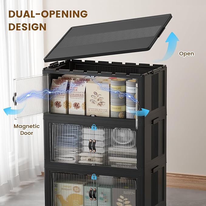 SAILUN 81Gal/325Qt Stackable Storage Bins Folding Collapsible Storage Bins with Lid, Closet Organizers and Storage Box with Door Black 22" W x 13" D x 62" H