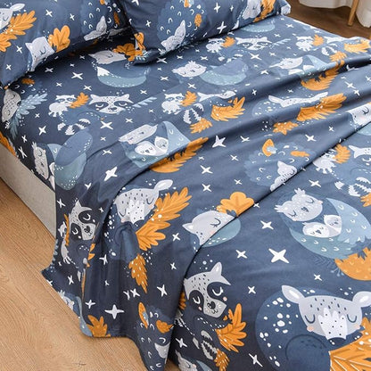 JSD Navy Blue Owl Kids Sheet Set Full Size, 4 Piece Forest Animals Printed Microfiber Bed Sheets Deep Pocket