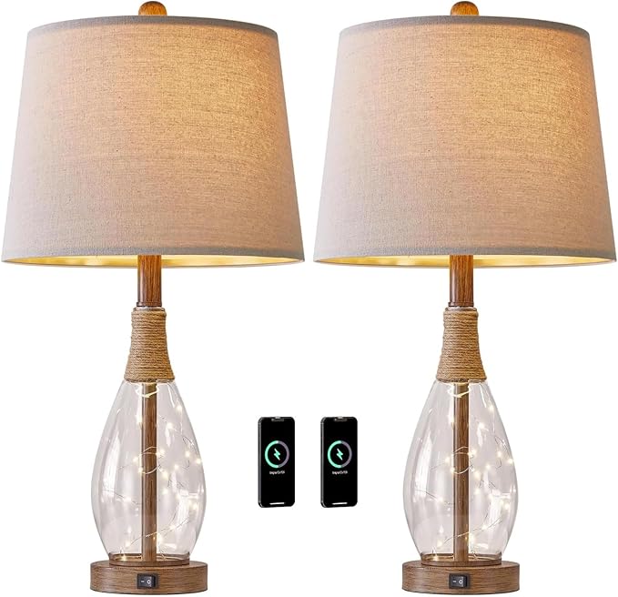 OYEARS Bedside Table Lamps Set of 2 with USB, Modern Bedside Lamps Retro Farmhouse Rattan Glass Nightstand Nightlight Lamps for Bedroom Living Room Dorm,Two Light Points