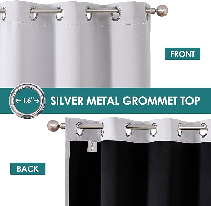 ChrisDowa 100% Blackout Curtains 63 inch Long for Bedroom with Black Liner, 2 Thick Layers Total Blackout Thermal Insulated Grommet Window Curtains 2 Panels Set (Greyish White, 38 x 63 Inch)
