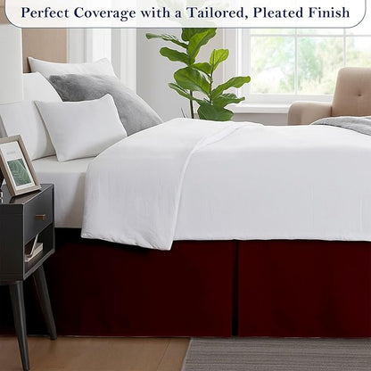 Full Bed Skirt, Luxury 15 Inch Drop Burgundy Pleated Bed Skirt, Double Brushed Microfiber, Box Pleat Design, Wrinkle & Fade Resistant, Easy Fit Tailored Bedskirt for Full Size Beds