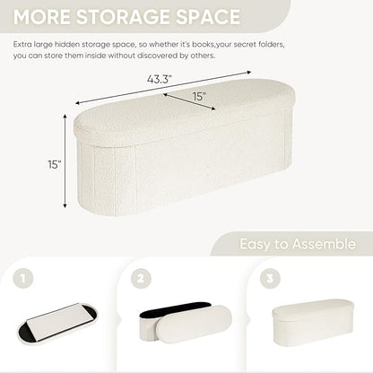 B FSOBEIIALEO Ottoman with Storage for Living Room, Sherpa Folding Storage Ottoman Foot Rest, 43.3 Inches Collapsible Bedroom Bench White