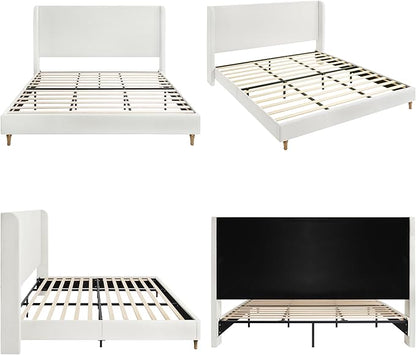 King Size Upholstered Bed Frame, Harper 54" Tall Headboard Platform Beds, Wingback Headboard Bedframes/No Box Spring Needed/Easy Assembly/Elegant Simplicit, Ivory Chenille