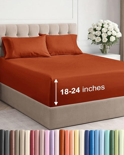 Extra Deep Twin XL Sheet Set - 4 Piece Breathable and Cooling Sheets - Hotel Luxury Bed Sheets Set - Easy Fit - Soft, Wrinkle Free and Comfy Sheets Set - Terracotta Sheet Set with Extra Deep Pockets