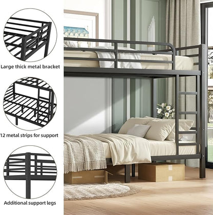 Twin XL Over Twin XL Bunk Bed Frame, Heavy Duty Metal Loft Bed for Adults/Teens, 350/500LB Capacity w/Ladder & Guardrail, Noise-Free Steel Slats, No Box Spring Required, Black