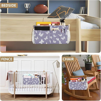 Bedside Caddy Hanging Bunk Bed Caddy Bed Organizer Hanging Pocket with 2 Hooks Bedside Storage Organizer Pocket Bag Holder White Butterfly Purple