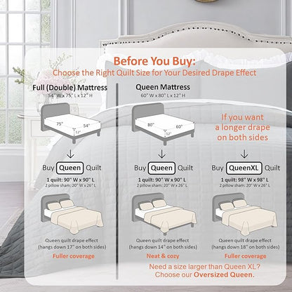 KASENTEX Queen Quilt Set 90"x90" – Soft Washed 3-Layer Lightweight Bedspread, Minimalist Nordic Design, All-Season Spring & Summer Quilt Set (1 Quilt + 2 Pillow Shams), Dark Grey