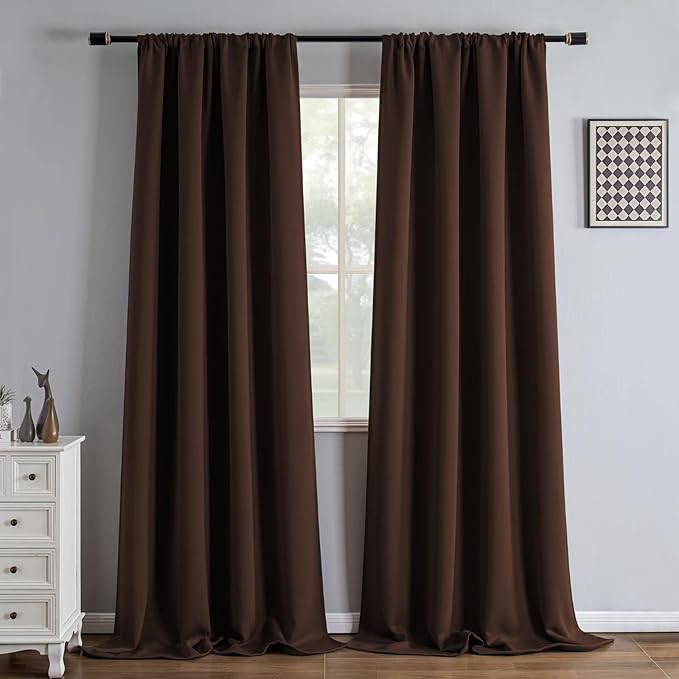 Blackout Curtains 90 Inch Length 2 Panels Set, Black Out Curtains for Bedroom 90 Inch Long, Rod Pocket Energy Saving Room Darkening Drapes for Living Room Window Chocolate(W52 x L90)