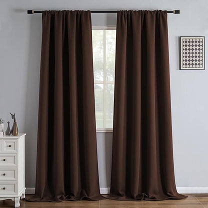Blackout Curtains 90 Inch Length 2 Panels Set, Black Out Curtains for Bedroom 90 Inch Long, Rod Pocket Energy Saving Room Darkening Drapes for Living Room Window Chocolate(W52 x L90)