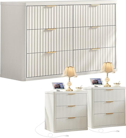 LEYAOYAO 48" Wide Fluted Dresser and 3 Drawers 23" Nightstand Set of 2, Wooden Dresser & Night Stand with Charging Station, 3 Piece Bedroom Furniture Set, Chest of Drawer for Living Room,Antique White