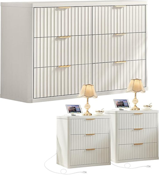 LEYAOYAO 48" Wide Fluted Dresser and 3 Drawers 23" Nightstand Set of 2, Wooden Dresser & Night Stand with Charging Station, 3 Piece Bedroom Furniture Set, Chest of Drawer for Living Room,Antique White