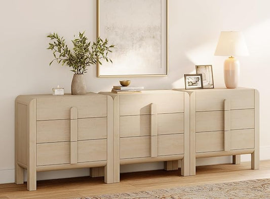 WAMPAT 3 in 1 9 Drawer Dresser for Bedroom, 94.5" Wide Mid Century Modern Wide Chest of Drawer, Wood Tall Nightstand with Curved Edge Handles, Closet Dresser TV Stand for Bedroom, Beige