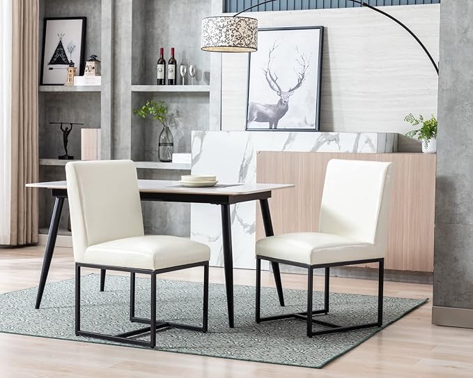 CIMOTA Modern Dining Chairs Set of 6, Leather Dining Room Chairs Upholstered Armless Guest Side Chair with Black Base for Dining Room/Kitchen, Cream 6PCS