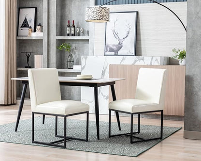 CIMOTA Cream Leather Dining Chairs Set of 4, Modern Dining Room Chairs Upholstered Armless Guest Side Chair with Black Base for Dining Room/Kitchen, Cream White 4PCS