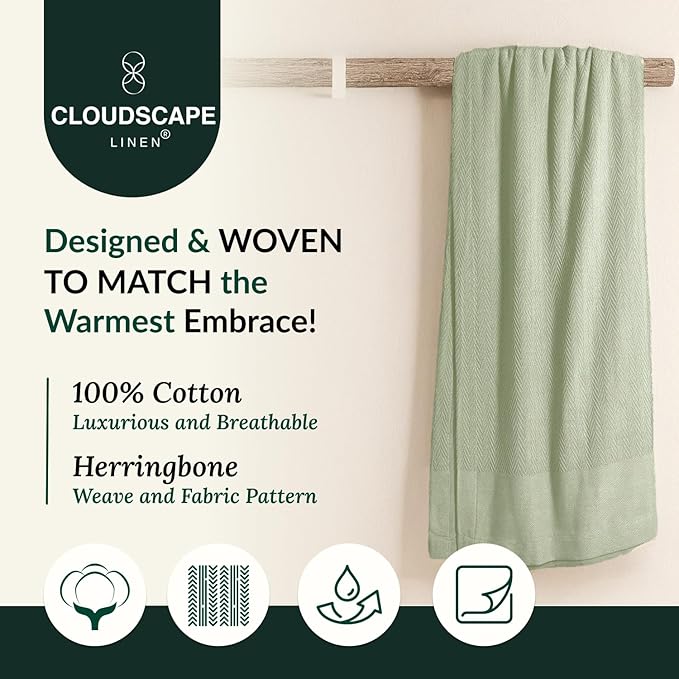 Cloud Scape Linen 100% Cotton Blanket King 92x108 Seafoam - Cozy Herringbone Weave, Fits Up to Cal King Beds, Breathable Softness, All-Season Warmth, Heavy Layering Winter Blanket