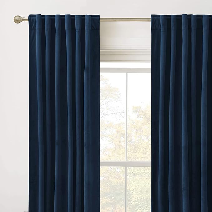RYB HOME Velvet Curtains 90 inches Length, Back Tab & Rod Pocket Soft Fabric Curtains & Drapes for Bedroom Room Divider, Navy Blue, W 62 x L 90, 2 Panels Set